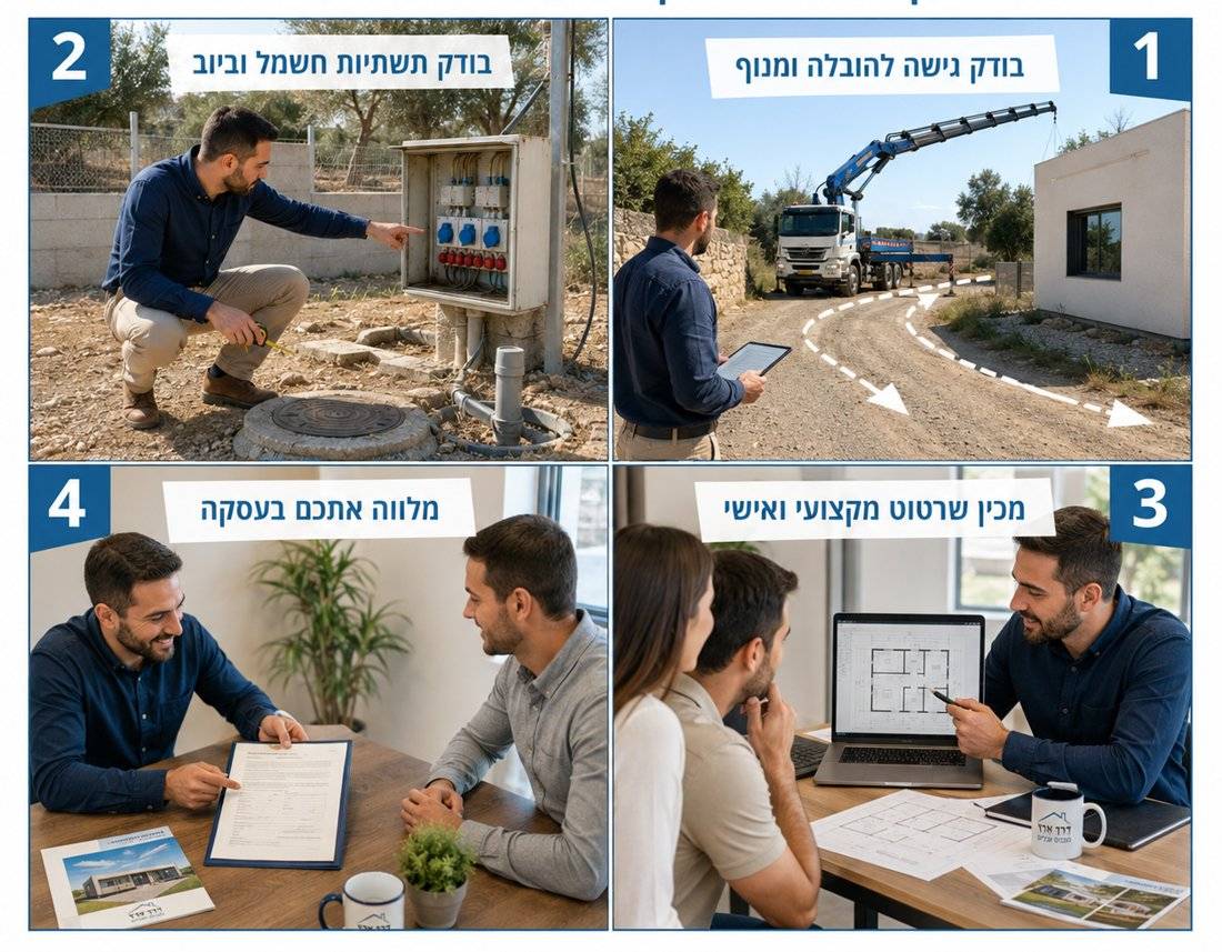 מה כולל תהליך ההתאמה: בדיקת גישה להובלה ומנוף, בדיקת תשתיות חשמל וביוב, הכנת שרטוט מקצועי ואישי, וליווי בעסקה